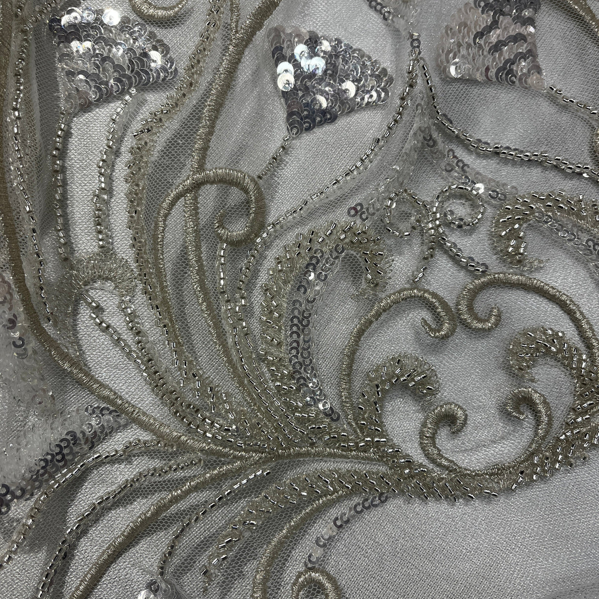 Beaded Lace Fabric Silver Mesh