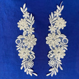 Beaded Lace Applique Embroidered On 100% Polyester Organza Fabric - Ivory, White, 9" X 2.5" (1 Pair)