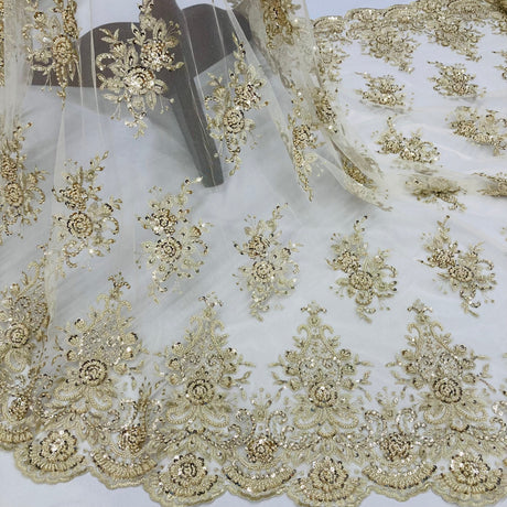 Beaded Lace Fabric on Polyester Net Mesh