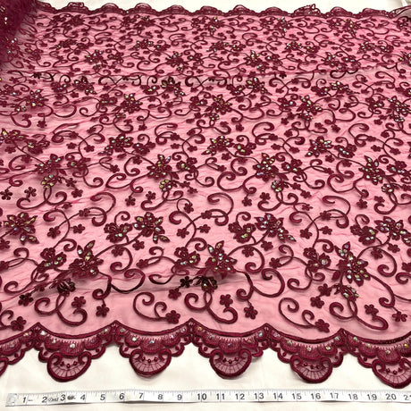 Beaded Corded Bridal Lace Fabric Wine 54"