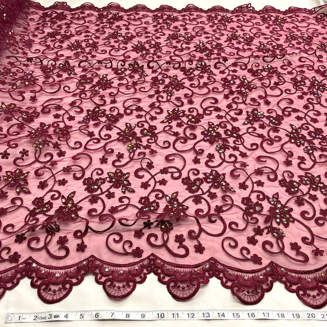Beaded Corded Bridal Lace Fabric Wine 54"