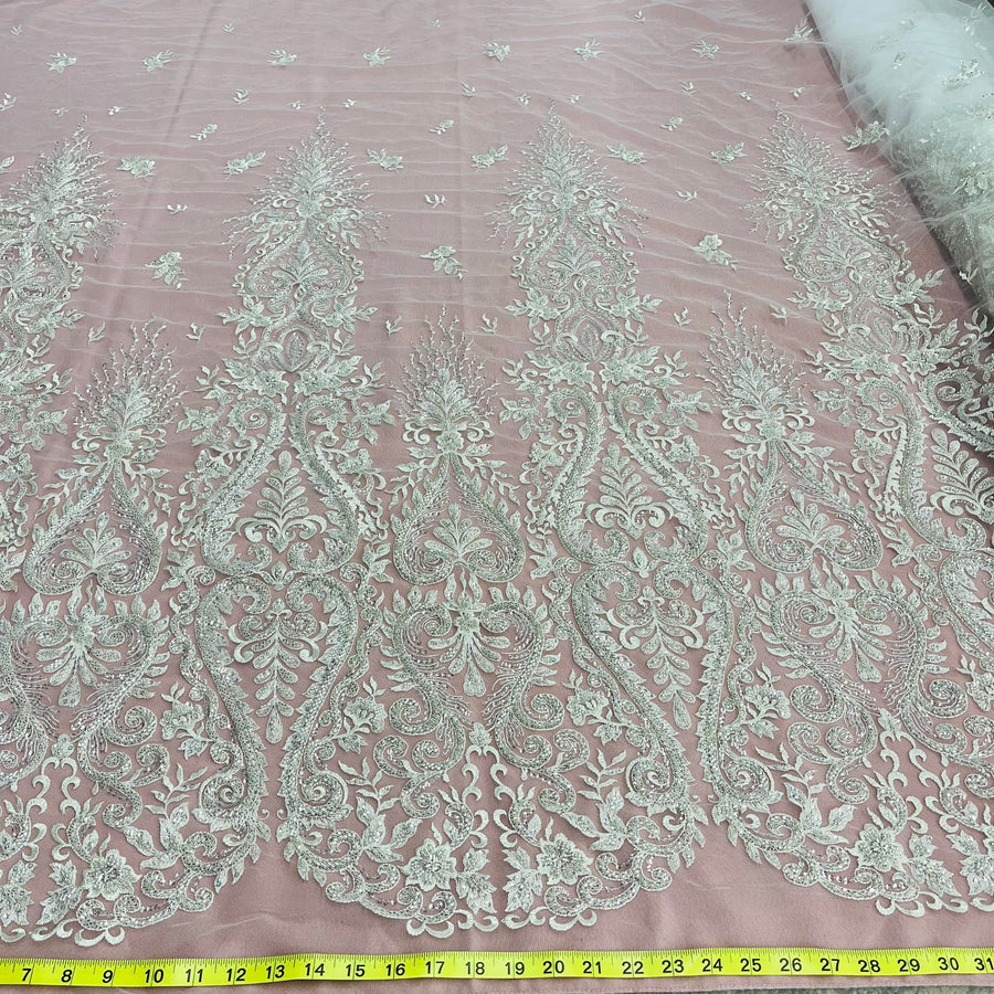 1 Yard Luxurious Beaded Lace Fabric Embroidered on Polyester Net Mesh White and Ivory
