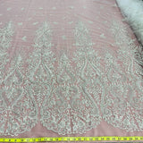 1 Yard Luxurious Beaded Lace Fabric Embroidered on Polyester Net Mesh White and Ivory