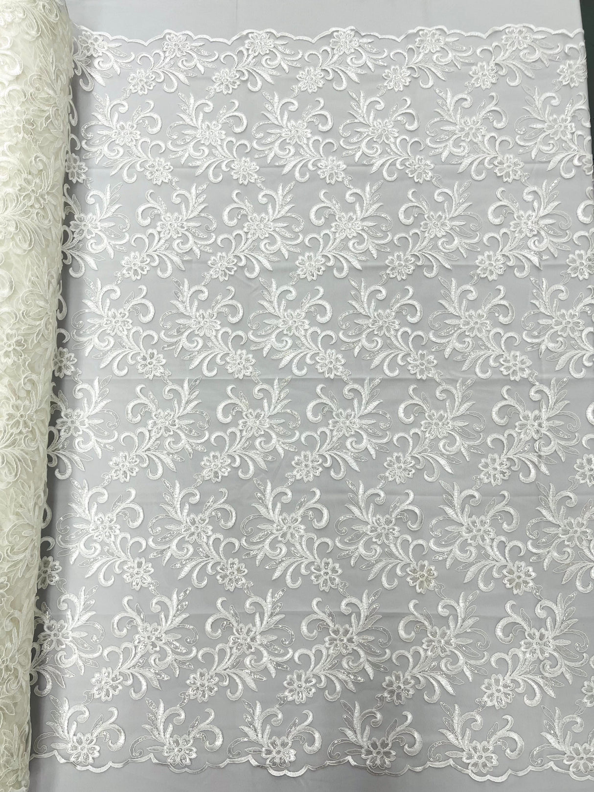 Estrella Corded Flowers Embroider With Sequins Mesh Lace Fabric - Floral Embroidered, Double Scallop, 50-54" Width, 36" Length (1 Yard)