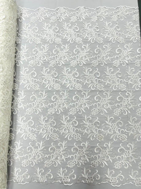 Estrella Corded Flowers Embroider With Sequins Mesh Lace Fabric - Floral Embroidered, Double Scallop, 50-54" Width, 36" Length (1 Yard)