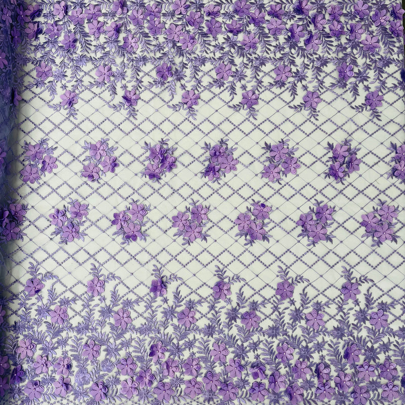 Lia 3D Floral Design Lace Fabric - Beaded Mesh, Double Scallop, 54" Width (1 Yard)