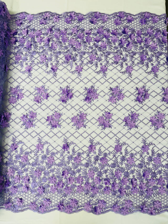 Lia 3D Floral Design Lace Fabric - Beaded Mesh, Double Scallop, 54" Width (1 Yard)