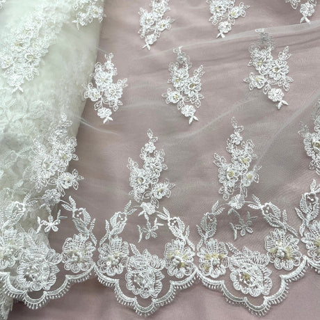 Beaded Corded Lace Fabric on Polyester Net Mesh