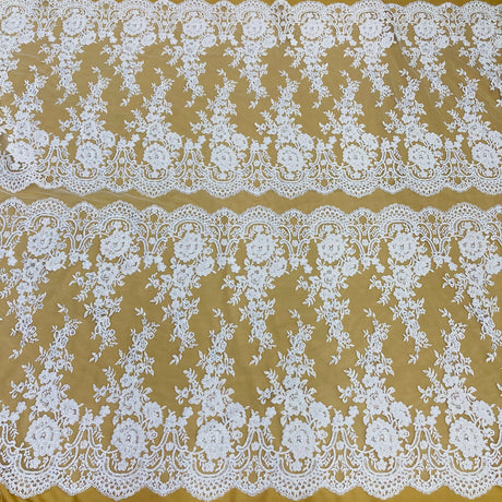 Beaded Corded Bridal Lace Fabric - Embroidered Net Mesh, 48" Width (1 Yard)