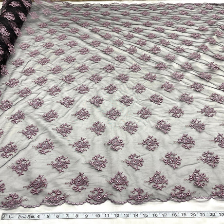Beaded Lace Fabric Embroidered On 100 Percent Polyester Net Mesh - Black With Lilac, 52" Width (1 Yard)