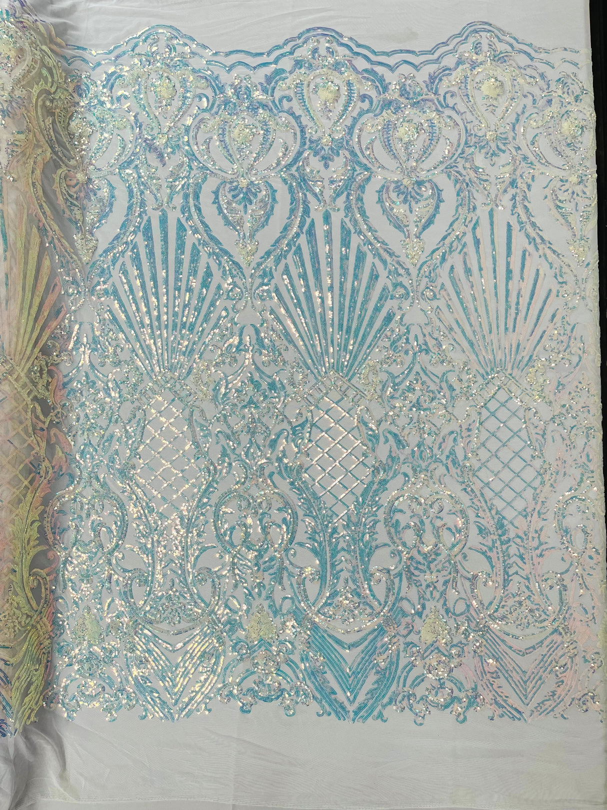 Sea Shell Sequin Damask Polyester Fabric - Iridescent Sequin Damask, 54" Width (1 Yard)