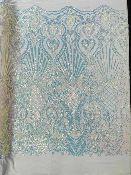 Sea Shell Sequin Damask Polyester Fabric - Iridescent Sequin Damask, 54" Width (1 Yard)