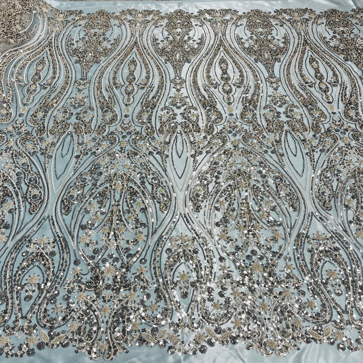 Beaded Lace Fabric on Polyester Net Mesh
