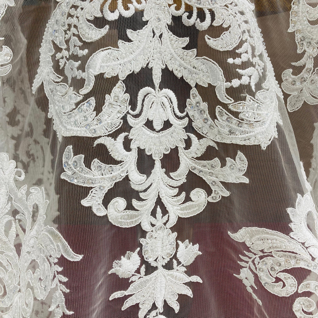 Beaded Corded Lace Fabric White Ivory