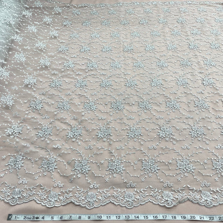 1 Yard Silver Corded Bridal Lace Fabric Embroidered on Polyester Net Mesh for Wedding and Evening Dresses – 52"