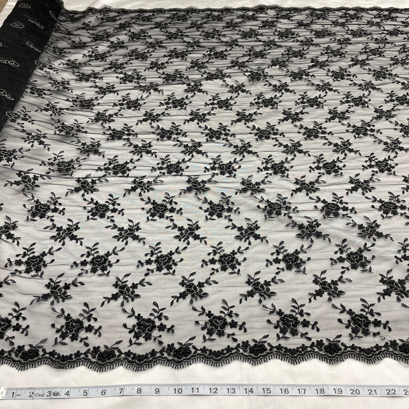 Beaded Lace Fabric on Polyester Net Mesh Black 50"