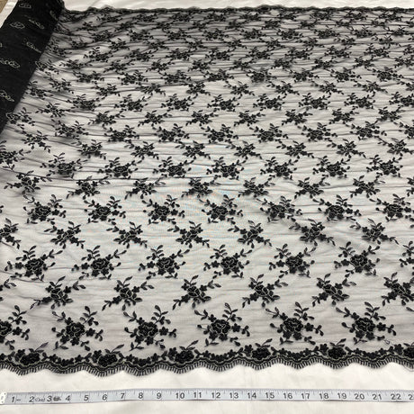 Beaded Lace Fabric on Polyester Net Mesh Black 50"