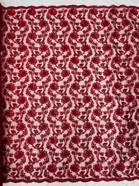 Pamela Floral Lace Polyester Fabric - Floral Corded Embroidered Sequin Lace, 50-54" Width (1 Yard)