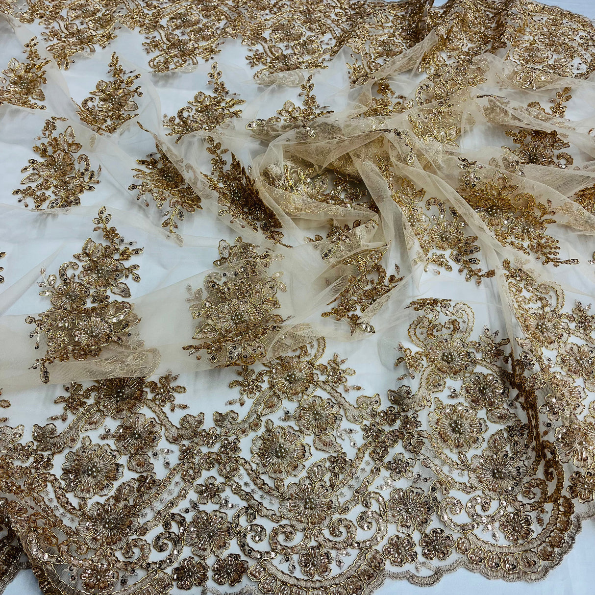 Beaded Corded Lace Fabric Metallic Scallops