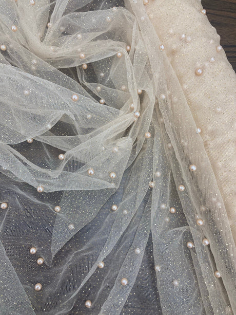 Glitter Mesh Fabric With Scattered Pearls - 2-Way Stretch Sheer Mesh, 60" Width (1 Yard)