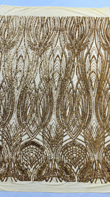 Feather Damask Shiny Sequin Design 4 Way Stretch Mesh Fabric - Iridescent Sequin Embroidered Mesh, 48-50" Width, 36" Length (1 Yard)