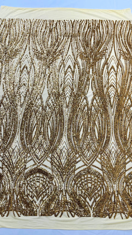 Feather Damask Shiny Sequin Design 4 Way Stretch Mesh Fabric - Iridescent Sequin Embroidered Mesh, 48-50" Width, 36" Length (1 Yard)