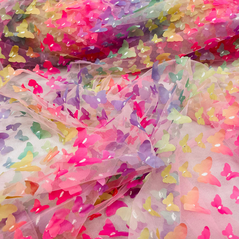 3D Butterfly Metallic Design Polyester Fabric - Metallic Butterfly Embroidery, Mesh Lace, 58" Width (1 Yard)