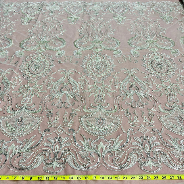 Beaded Lace Fabric on Polyester Net Mesh