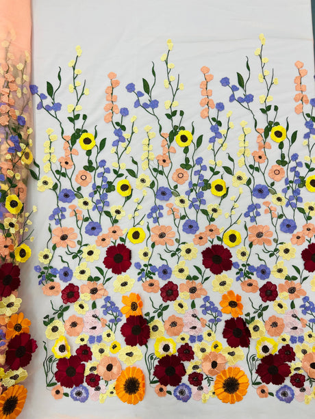 Multi Color Sun Flower 3D Design Embroidered Mesh Lace Fabric - Multi Color Sun Flower, Double Scallop, 48/50" Width (1 Yard)
