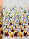Multi Color Sun Flower 3D Design Embroidered Mesh Lace Fabric - Multi Color Sun Flower, Double Scallop, 48/50" Width (1 Yard)