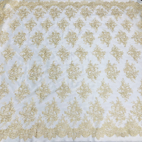 1 Yard Corded Bridal Lace Fabric Embroidered on 100% Polyester Net Mesh – 54"