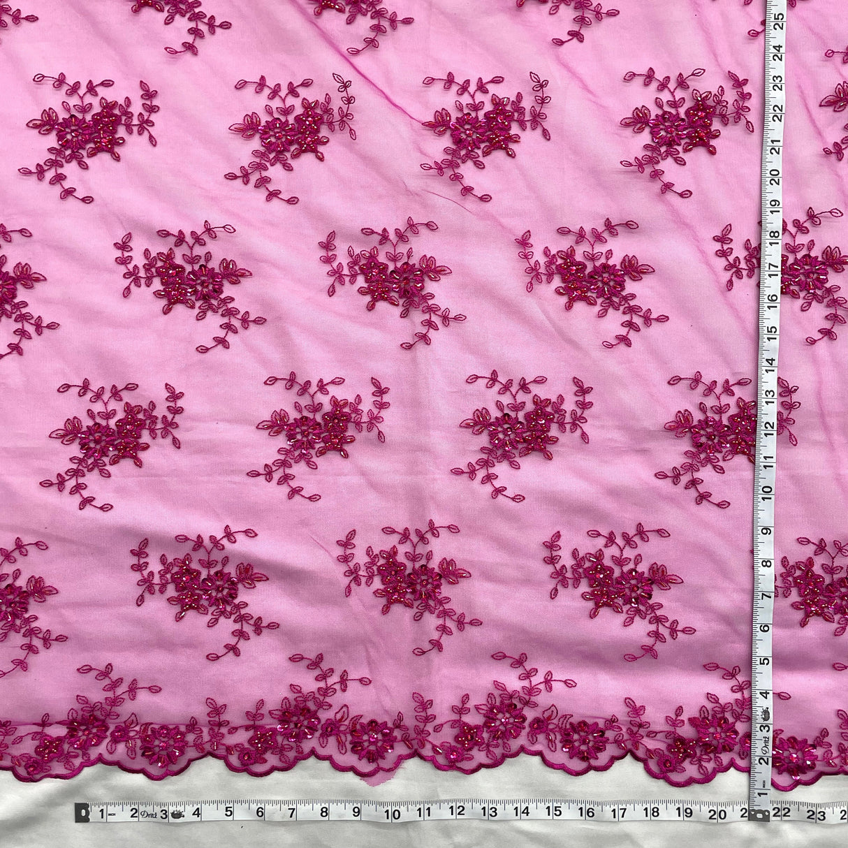 Beaded Lace Fabric Fuchsia Embroidered Mesh