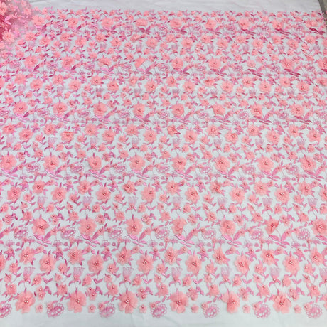 Beaded 3D Floral Lace Fabric - 100 Percent Polyester Lace Fabric, 3D Floral Embroidery, 49" Width, 9 Colors (1 Yard)