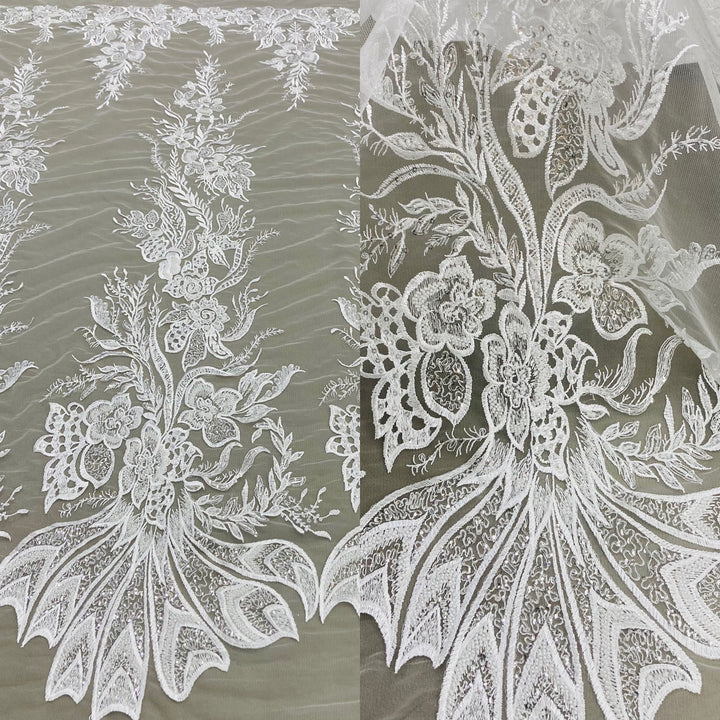 1 Yard Elegant Beaded and Sequined Lace Fabric Embroidered on 100% Polyester Net Mesh White