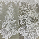 1 Yard Elegant Beaded and Sequined Lace Fabric Embroidered on 100% Polyester Net Mesh White