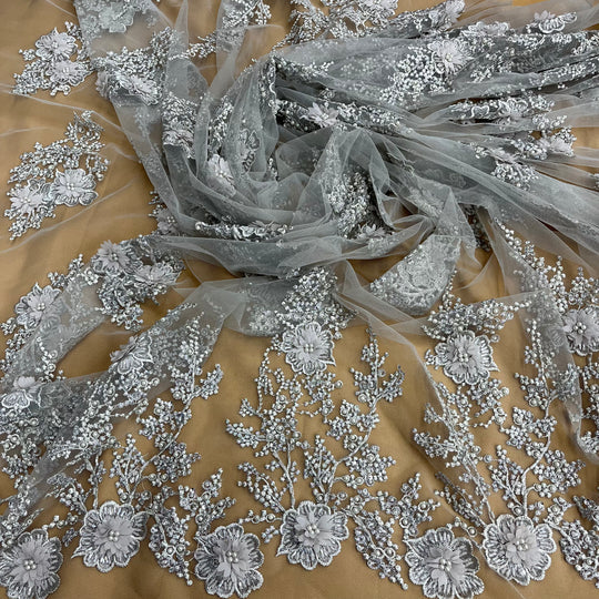 1 Yard Silver Beaded 3D Floral Lace Fabric Embroidered on Polyester Net Mesh Couture 52 Inch Width