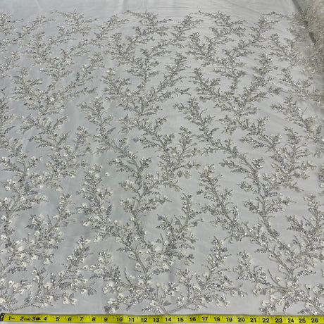 Beaded 3D Floral Lace Fabric Ivory Silver