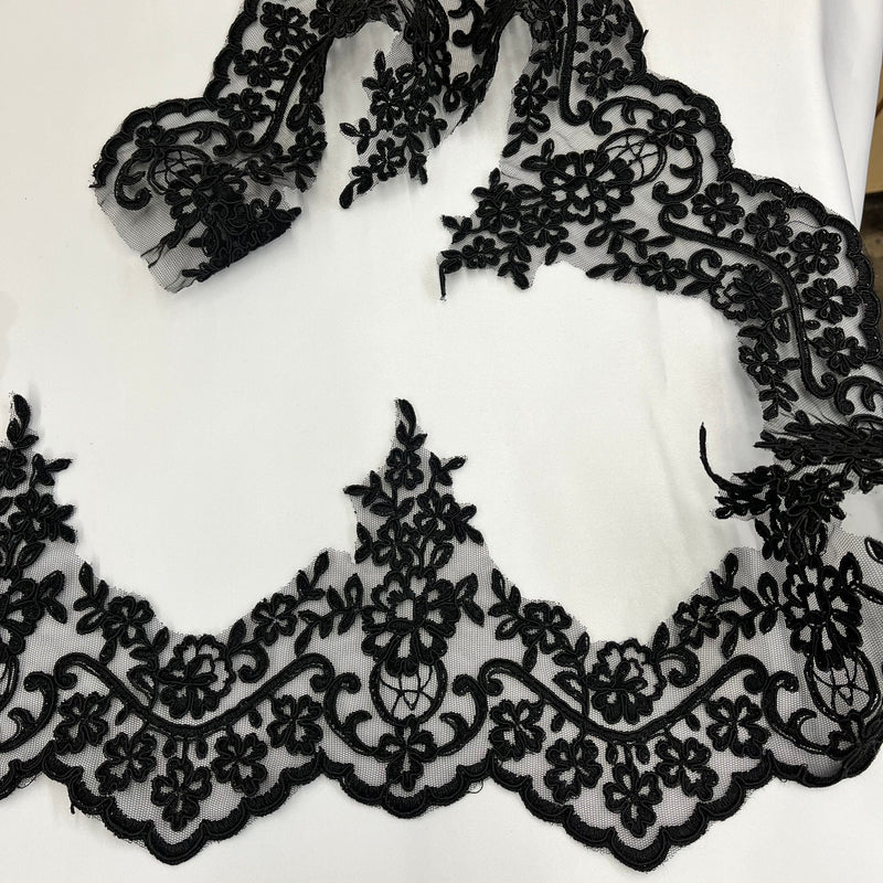 Corded Lace Trimming Embroidered On 100 Percent Polyester Net Mesh Fabric - Black, Ivory With Gold, Ivory With Silver, Ivory, Silver, White, 6" Width (1 Yard)