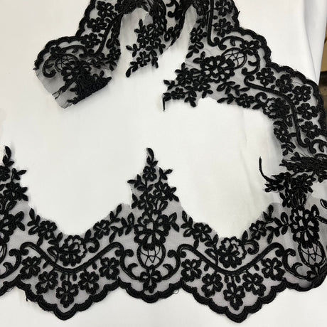 Corded Lace Trimming Embroidered On 100 Percent Polyester Net Mesh Fabric - Black, Ivory With Gold, Ivory With Silver, Ivory, Silver, White, 6" Width (1 Yard)