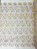 Daisy Multi Color Gold Metallic Floral Design Embroidered On A Red Mesh Lace Fabric - Red Mesh Lace, Gold Metallic Floral Design, 50" Width (1 Yard)