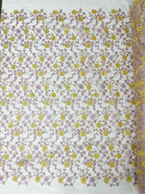 Daisy Multi Color Gold Metallic Floral Design Embroidered On A Red Mesh Lace Fabric - Red Mesh Lace, Gold Metallic Floral Design, 50" Width (1 Yard)