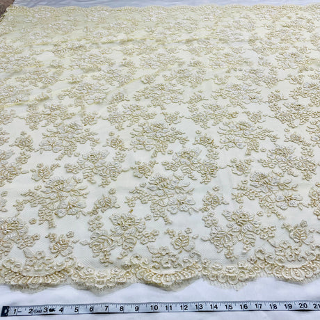 1 Yard Ivory with Gold Beaded Lace Fabric Embroidered on Polyester Net Mesh 54 Inch Width