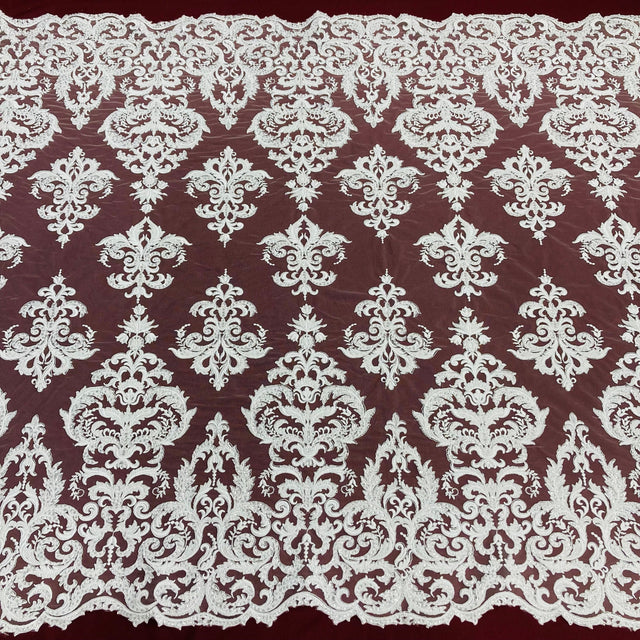 Beaded Corded Lace Fabric Embroidered on 100% Polyester Net Mesh