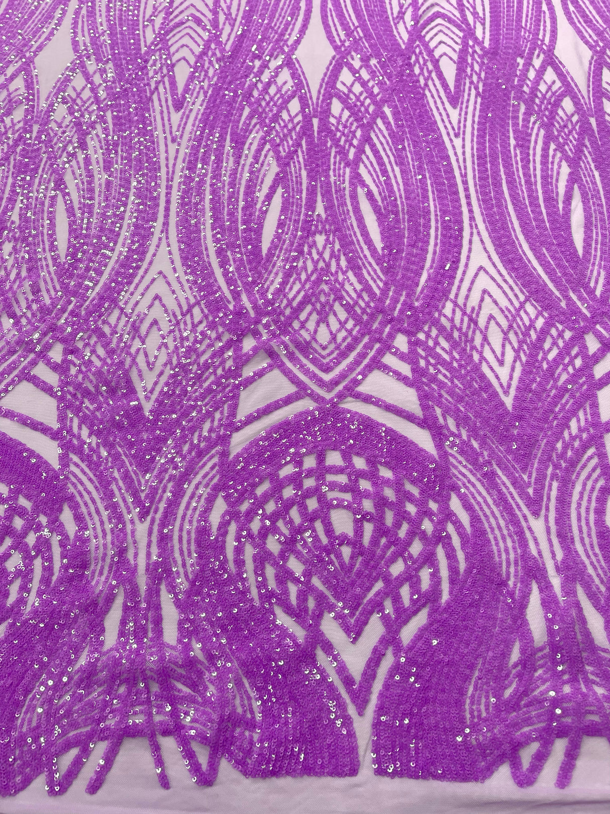 Feather Damask Shiny Sequin Design 4 Way Stretch Mesh Fabric - Iridescent Sequin Embroidered Mesh, 48-50" Width, 36" Length (1 Yard)