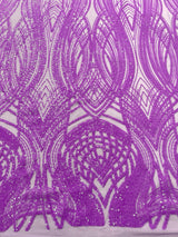 Feather Damask Shiny Sequin Design 4 Way Stretch Mesh Fabric - Iridescent Sequin Embroidered Mesh, 48-50" Width, 36" Length (1 Yard)