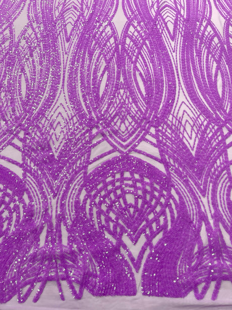 Feather Damask Shiny Sequin Design 4 Way Stretch Mesh Fabric - Iridescent Sequin Embroidered Mesh, 48-50" Width, 36" Length (1 Yard)
