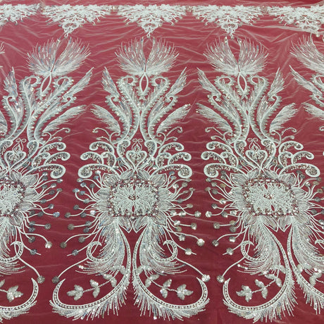 Beaded Lace Fabric Embroidered On 100 Percent Polyester Net Mesh - Gold, Silver, Ivory, White, 52" Wide (1 Yard)
