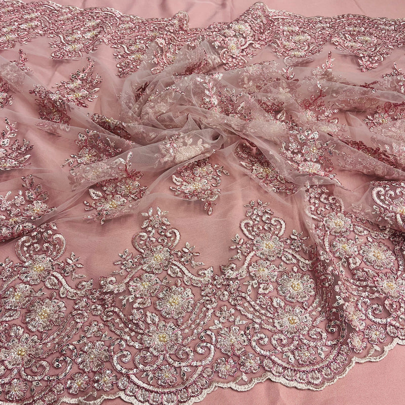 Beaded Corded Lace Fabric With Scallops