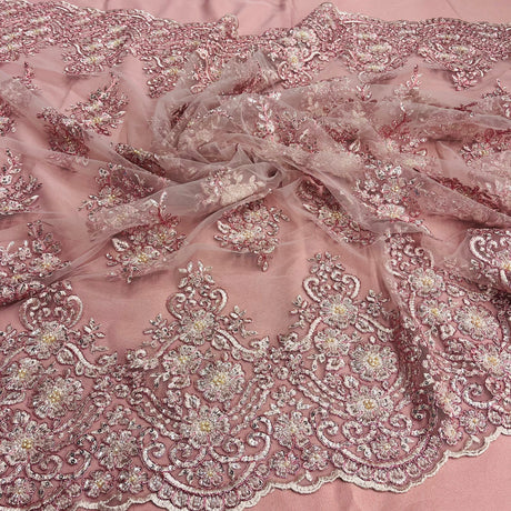 Beaded Corded Lace Fabric With Scallops