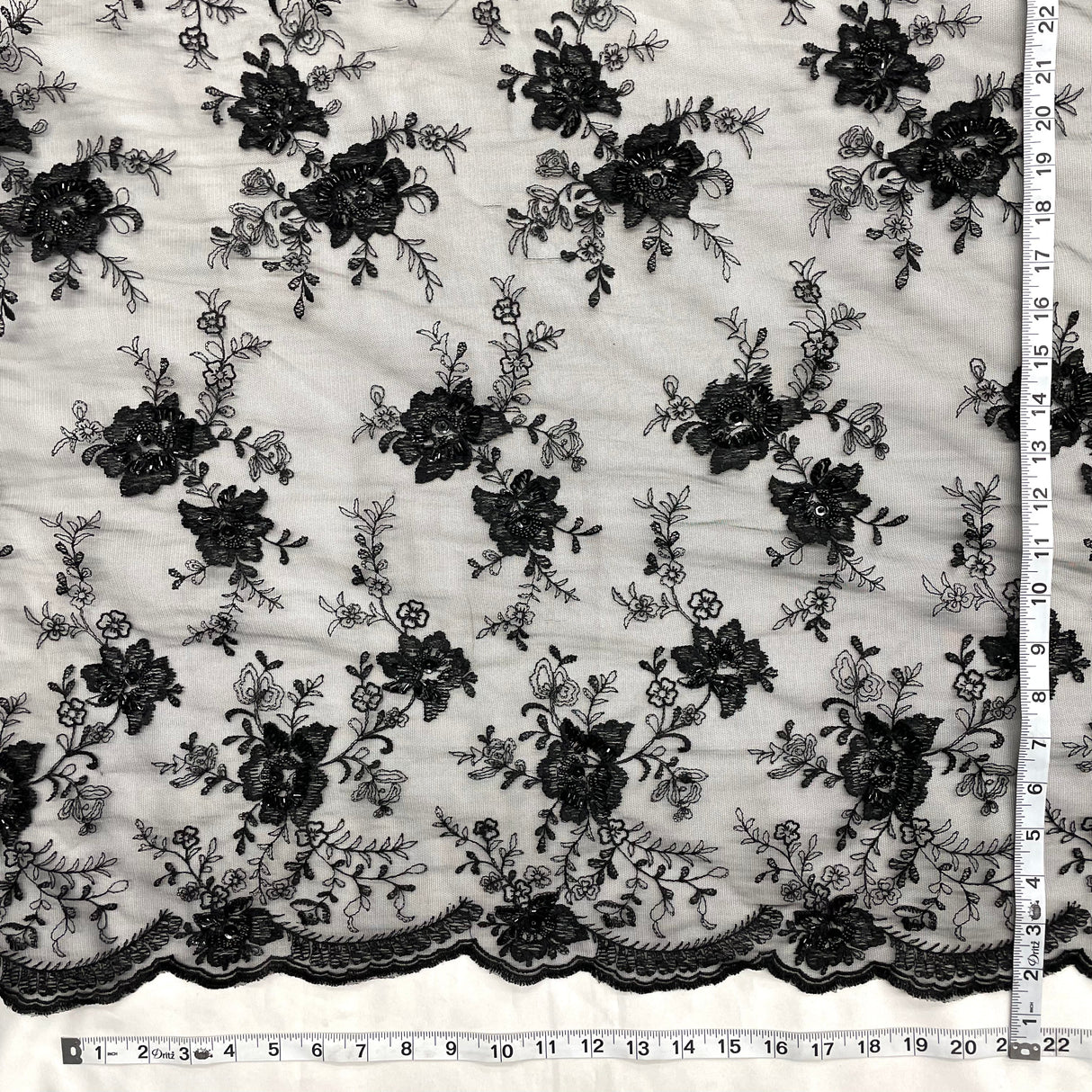 Beaded Lace Fabric Embroidered On 100 Percent Polyester Net Mesh - Black, 52" Width (1 Yard)